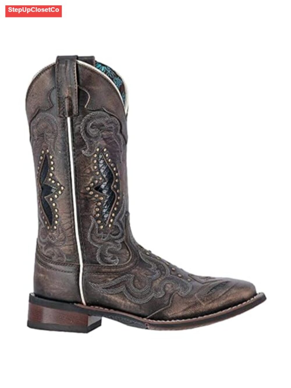 Leather Pull On Mid Calf Western Boots Embroidered Round Toe Low Heel